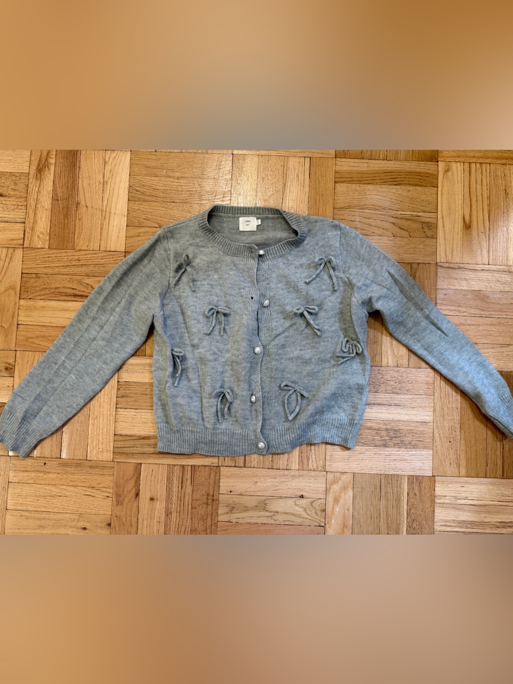 Grey Bow-Appliqué Button-Up Sweater
